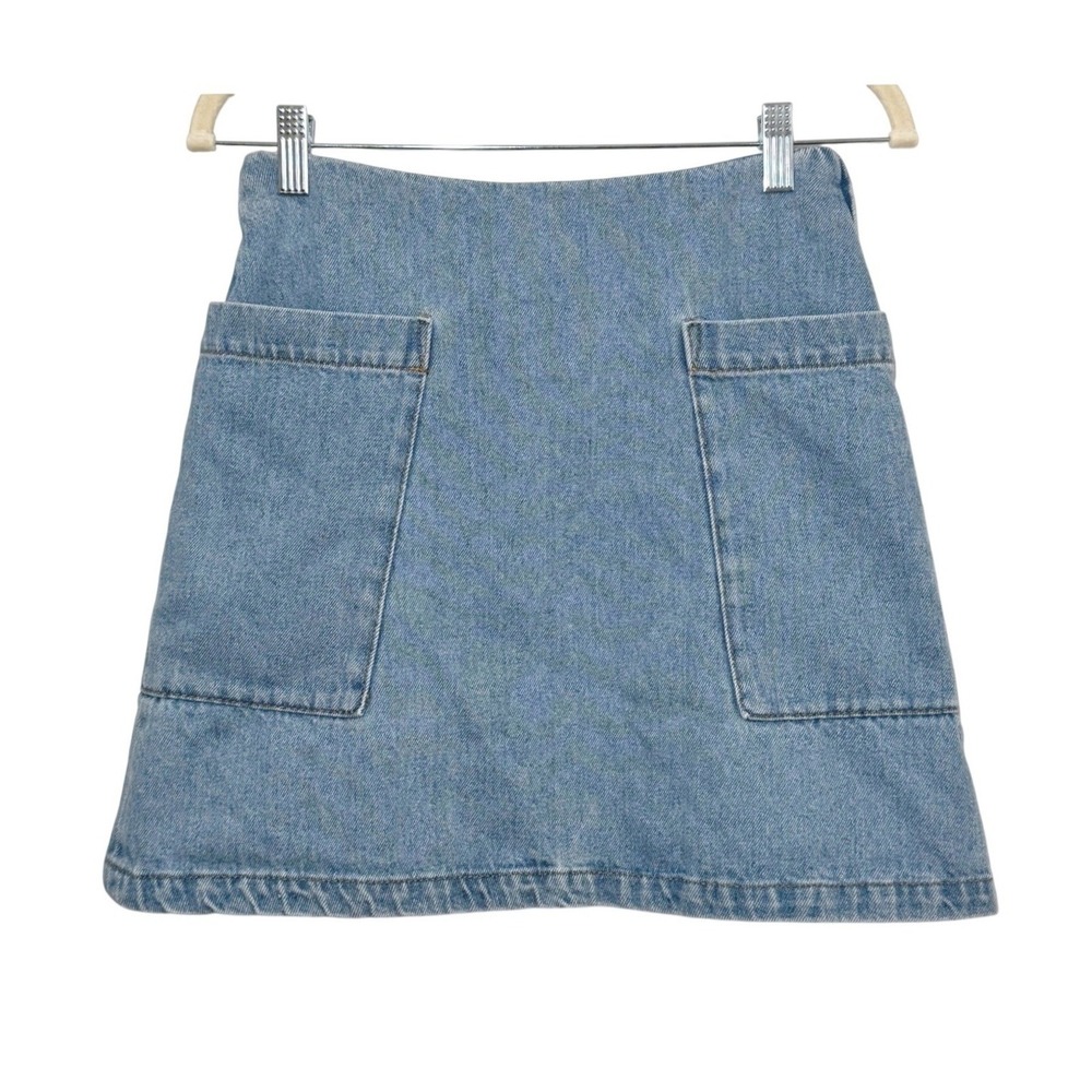 Monki Denim Mini Skirt Light Wash Blue Fold-over Waist Pockets Women 34 0538957